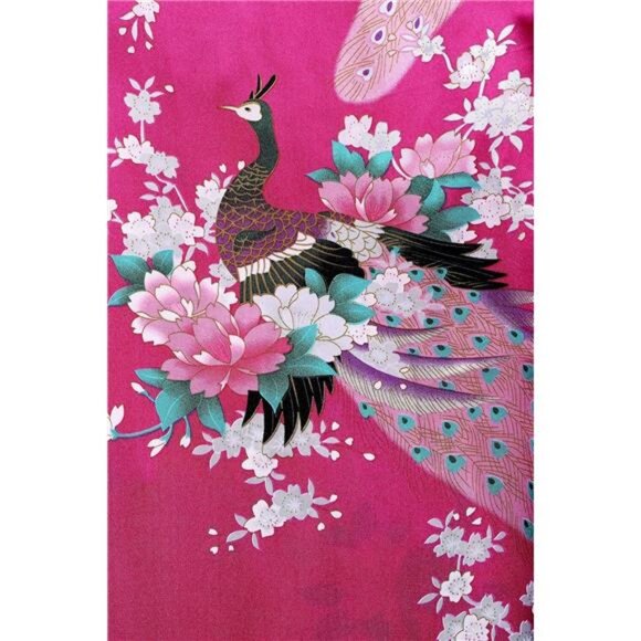 Women's Satin Kimono Robe – Long Nightgown with Peacock and Blossom Print - Picture 5 of 7